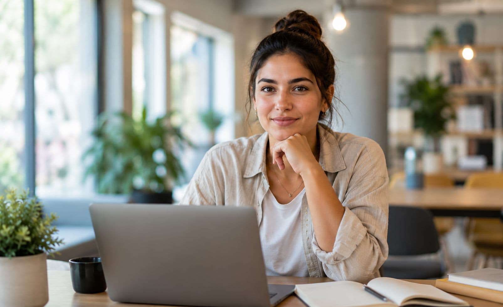 Apprenante travaillant sur son ordinateur portable dans un espace de travail lumineux